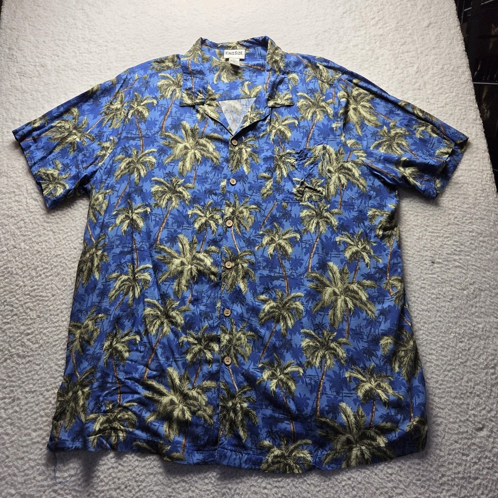 KingSize Shirt Mens Big 4XL Blue Palm Tree Hawaiian Rayon Short Sleeve Button-Up